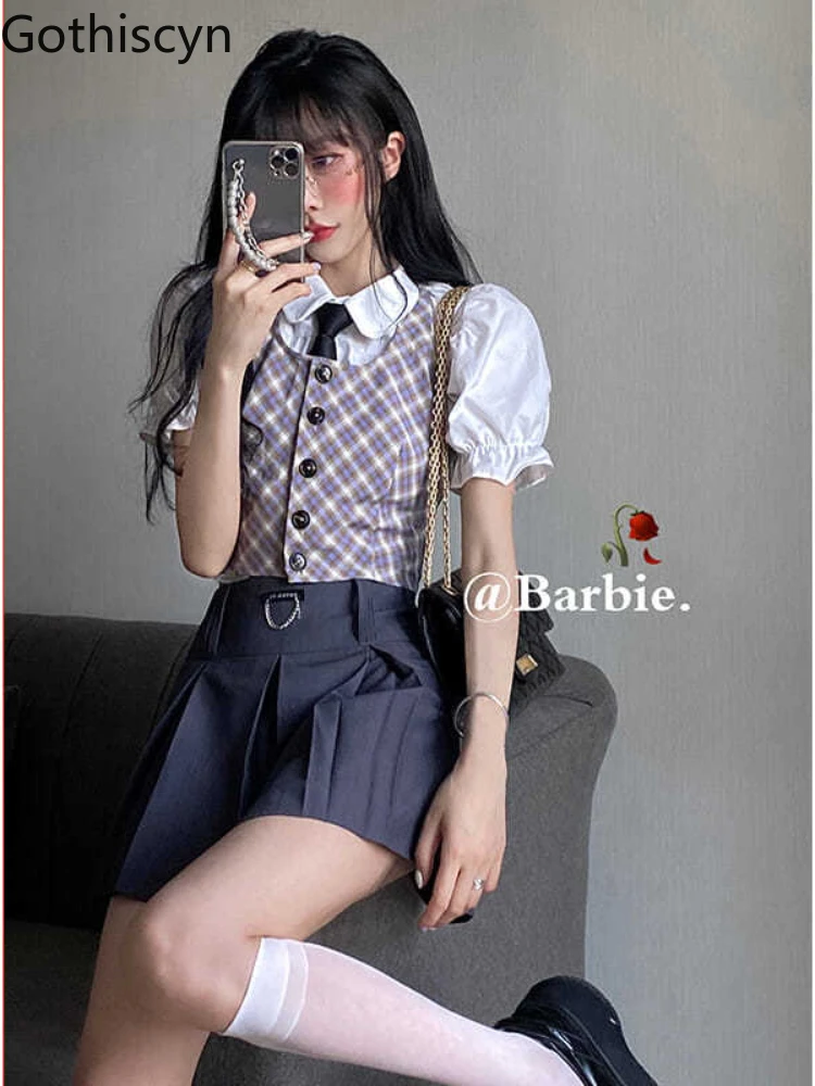 

Gothiscyn Preppy Style Suits Uniform Vest Plaid Shirt Top Puff Sleeves Summer Short Skirt Casual 3 Pcs Office Lady Chic Female