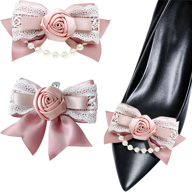 

1 пара розовых зажимов для обуви с бантом, украшение с жемчугом, съемные розовые кружевные аксессуары для обуви для женщин, украшение на высоком каблуке и плоской подошве