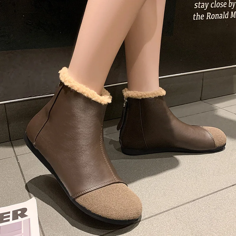 

Women Flat Boots Pure Color PU Round Bottomed Cotton Thickened Warmth Non Slip and Waterproof Shoes