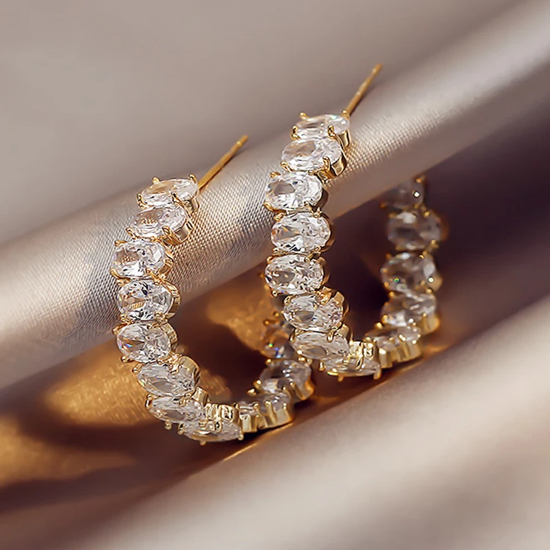 

2022 Brand New Luxury Heavy Duty Oval Inlay Set Gold And Silver C-Ring Earrings Christmas Party Women's Fine Jewellery