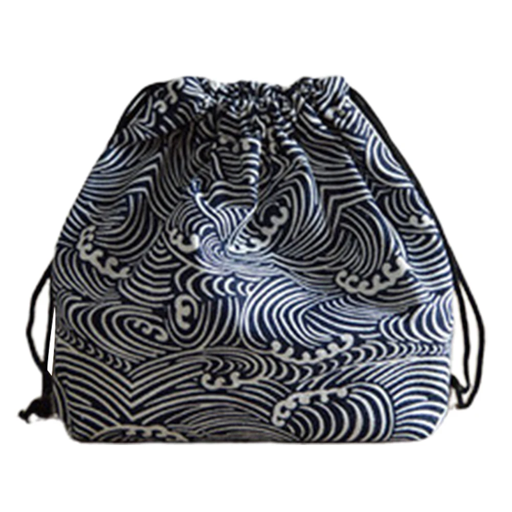 

Box Lunch Bag Picnic Pouch Drawstring Portable School Cotton Linen Printed Storage Bento Japanese Style Students Travel