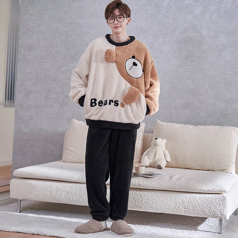 FUNISHI Men Sleepwear Plus Size 4XL Coral Fleece Pajama Set Winter Pajamas Flannel Loose Version Inspissate Pullover Nightgown