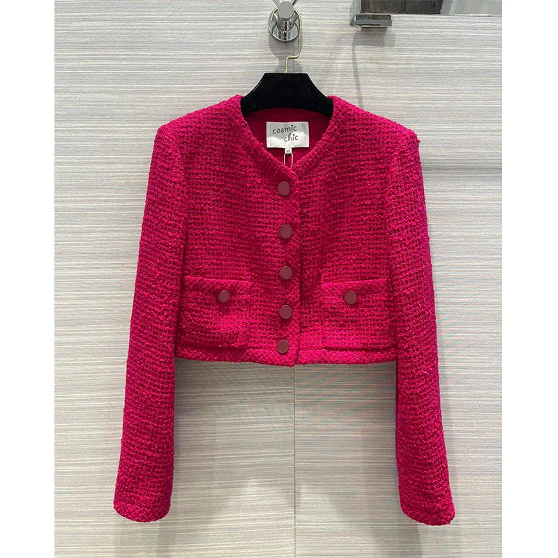 22 Spring Runway Tweed Sets Women 2 Piece Sets Fashion Long Sleeve O Neck Button Cropped Jacket Mid-waist Pocket Straight Pants