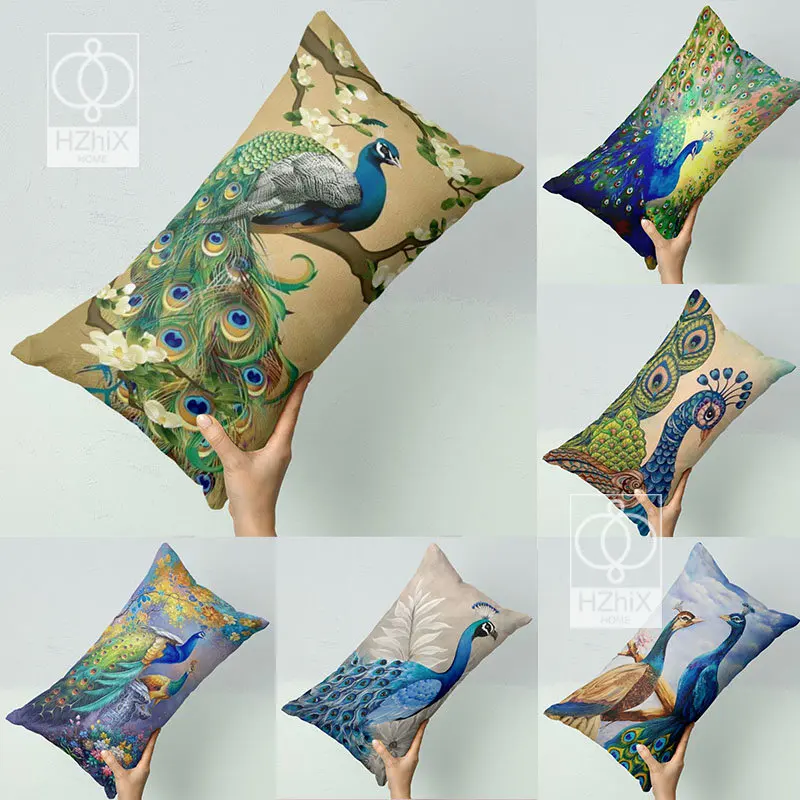 

Classical Peacock Pillowcase Feather Print Sofa Car Bedroom Home Cushion Cover Decoration Rectangle Fashion Gift Pillowcover