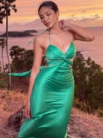 sexy cut out straps backless bandage satin twist green maxi dress for women summer holiday beach outfits elegant long dresses