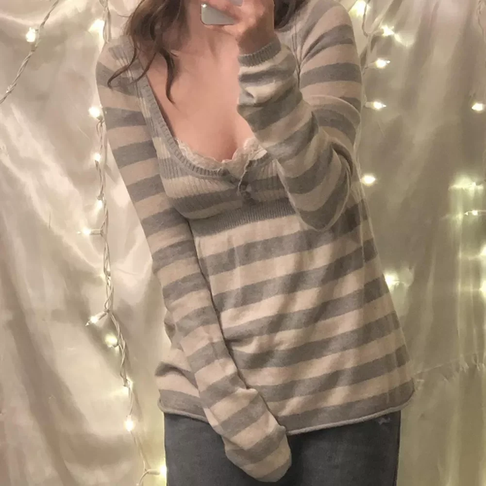 

Женский трикотажный джемпер в полоску, с круглым вырезом и длинным рукавом