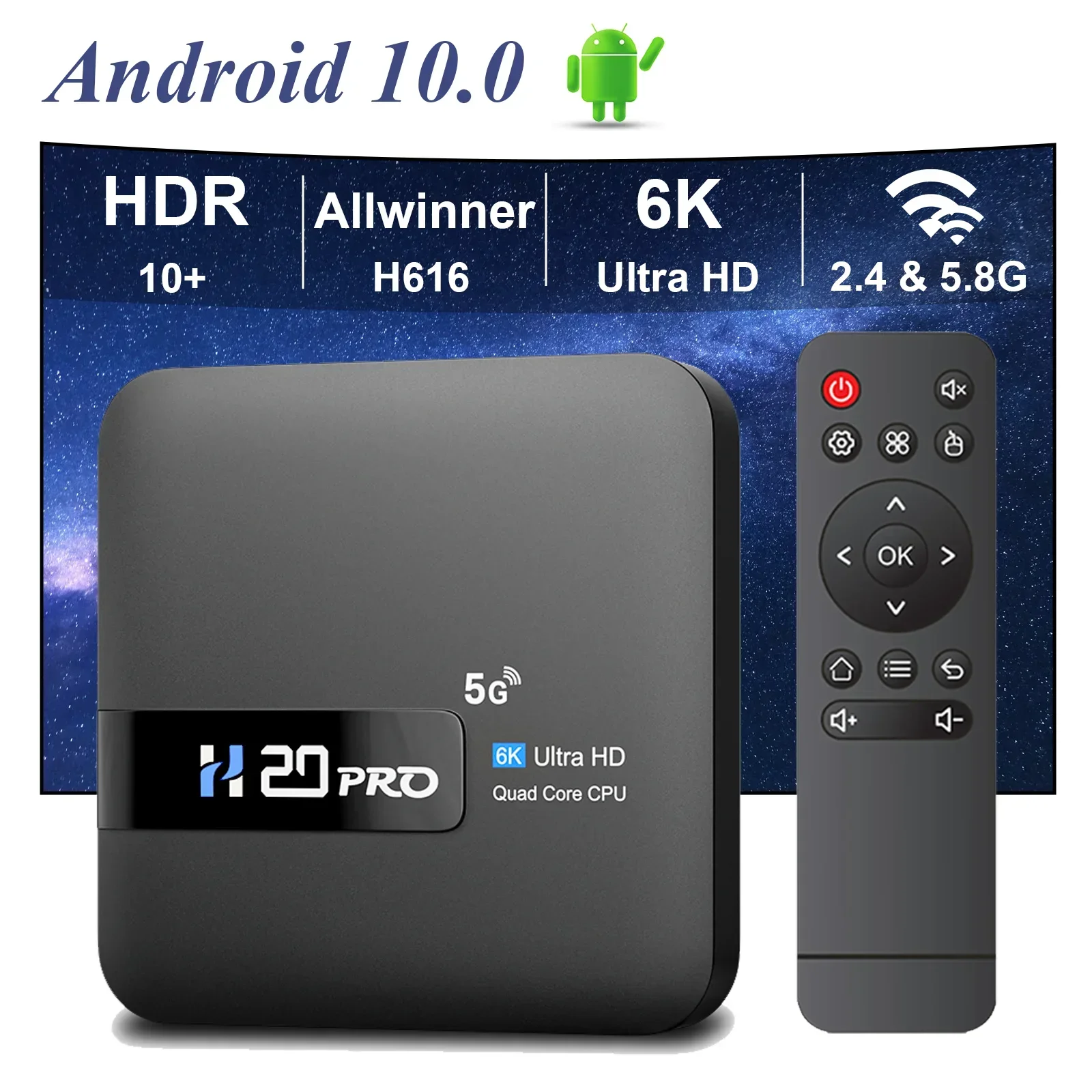H20PRO Smart Android TV Box 10.0 2 ГБ 16 4 и 5G WIFI 4K Play Store Очень быстрый медиаплеер 1080P ТВ-приставка