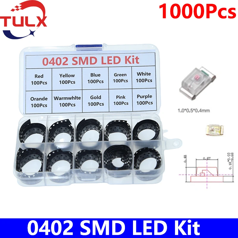 

1000pcs/Box SMD LED Kit 0402 Red/Yellow/Blue/Green/White/Orande/YG/Pink/Purpie/Warmwhlte led diode set SMD LED Lamp Beads Kit