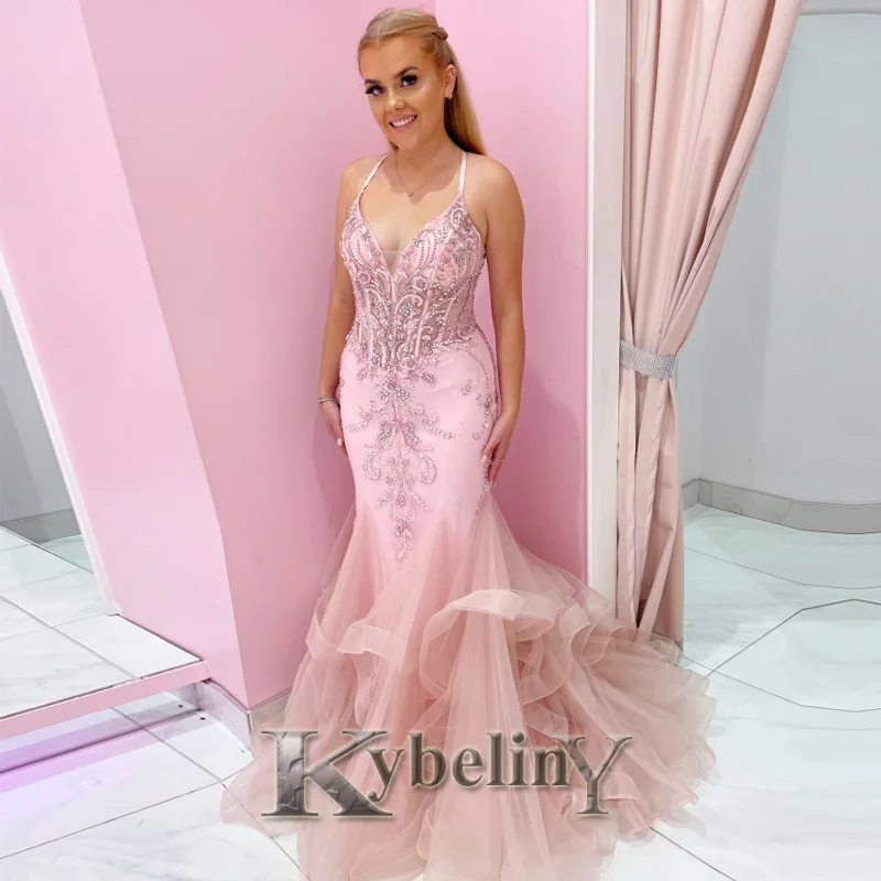 

Kybeliny Pink LaceUp Evening Dresses Mermaid Pleated Prom Robe De Soiree Graduation Celebrity Vestidos Fiesta Women Formal