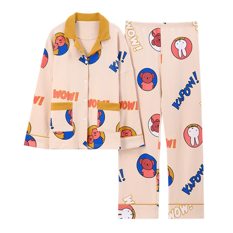 

Новинка, осенняя Женская пижама с отложным воротником, хлопковые топы с длинным рукавом и штаны с мультяшным рисунком, комплект из 2 предмет...