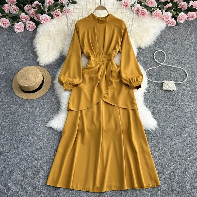 Весенне-осеннее винтажное элегантное однотонное платье с длинным рукавом и