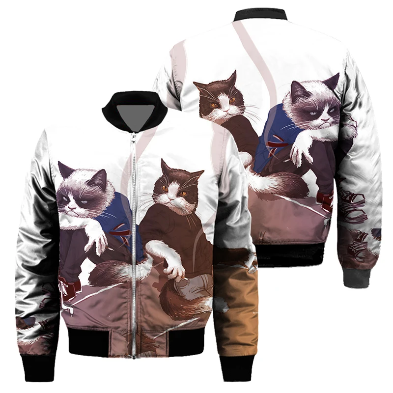 Men 3D Padded Jacket Cotton Spring Autumn Winter Warm Digital Print Animal Cat Fashion Quilted Coat Streetwear Bomber Outerwear