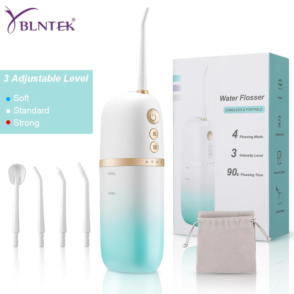 

YBLNTEK Portable Oral Irrigator USB Rechargeable 12 Modes Dental Water Flosser Jet 4 Nozzles 200ML Water Tank for Teeth Cleaner