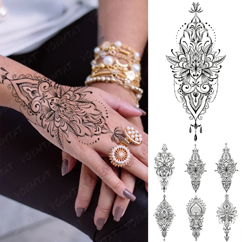 

Water Transfer Tattoos Indian Bride Henna Hand Drawn Line Lace Mandala Lotus Totem Waterproof Temporary Tattoo Sticker Women Men