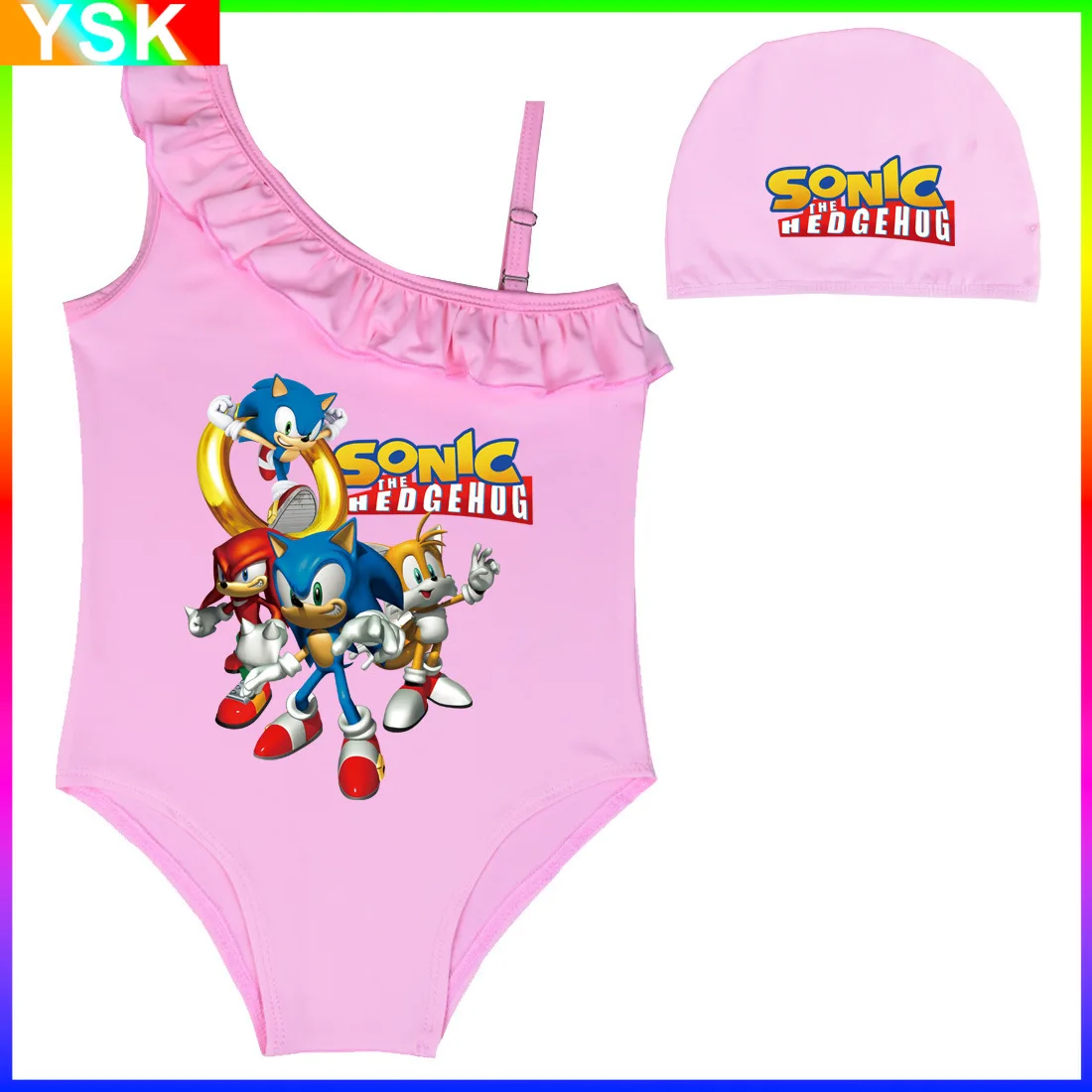 

New Sonic Swimsuit Cartoon Girls Strapless One-Piece Swimsuit Fashion Simple Summer Swimming Cap