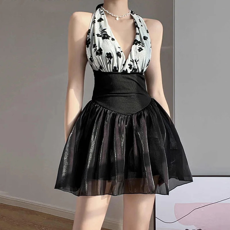 

Stylish Halter Strap Women One-Piece Swimsuit Dress Sexy Hollow-Out Backless Waist Low Cut Swimwear
