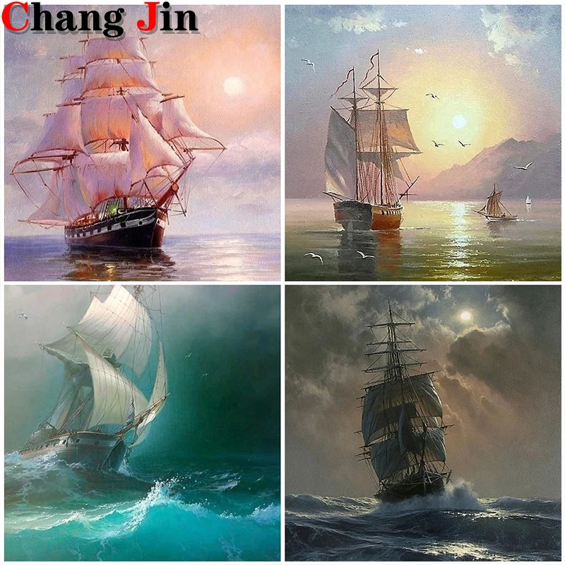 

5D Diy Diamond Painting Ship Sailing Cross Stitch Kit Landscape Sailboat Full Drill Diamond Mosaic Embroidery Home Decor Gifts