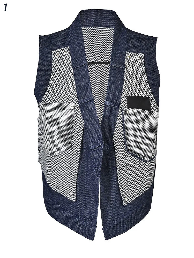 

DEAT Fashion Women's Tank Tops V-neck Sleeveless Striped Denim Splidced Pockets Asymmetric Blue Vest Summer 2023 New Tide CP1587