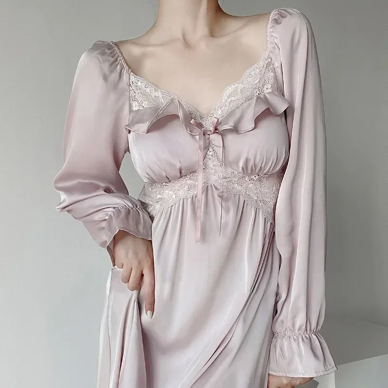 

Новое Кружевное женское платье ночного клуба, весенне-летнее пикантное платье феи во французском стиле, Женская шелковая пижама, длинная Пижама, шелковая домашняя пижама