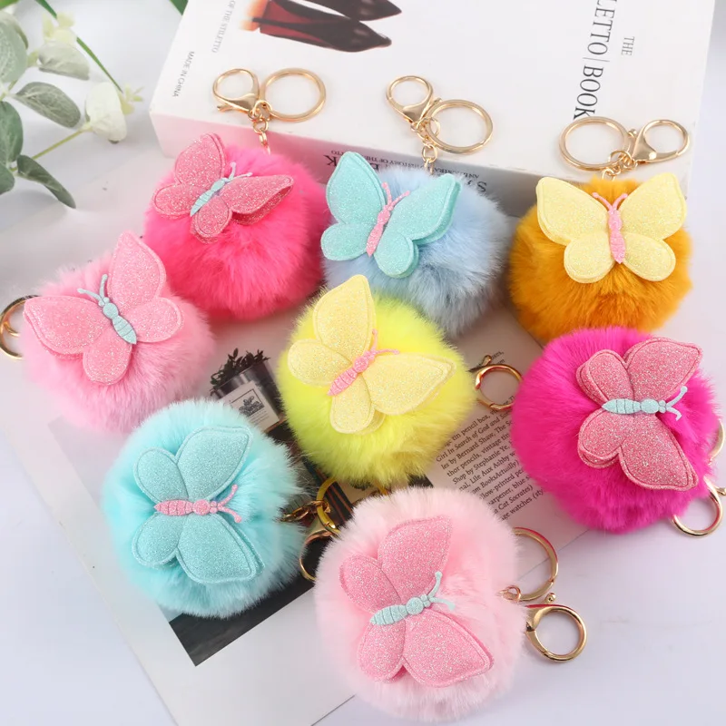

Butterfly Fluffy Fur Pom Pom Keychain Soft Faux Rabbit Fur Ball Car Keyring Pompom Key Chains Women Bag Pendant Jewelry Gifts