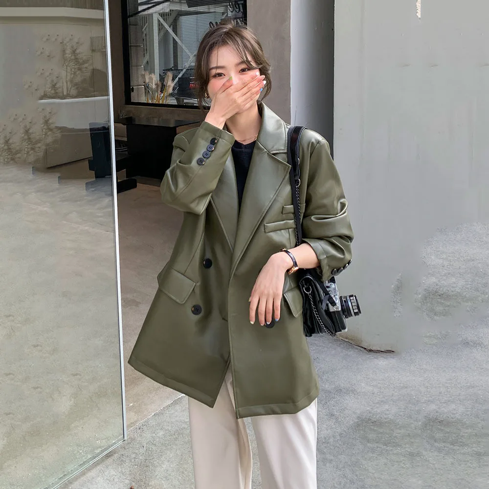 Women d Green Pu Leather Jacket New Lapel Long Sleeve Loose Fit Jacket Fashion Tide Spring Autumn 2022