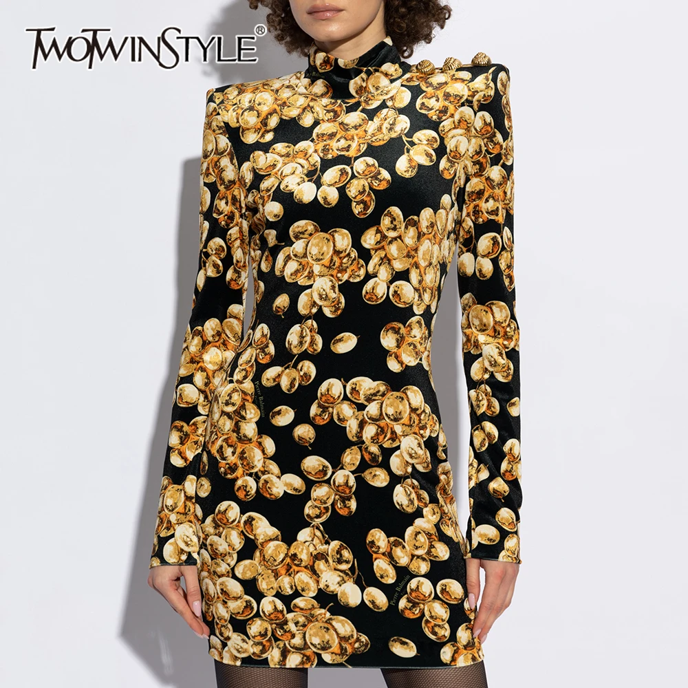 TWOTWINSTYLE платье с цветным принтом для женщин воротник-стойка длинный рукав высокая
