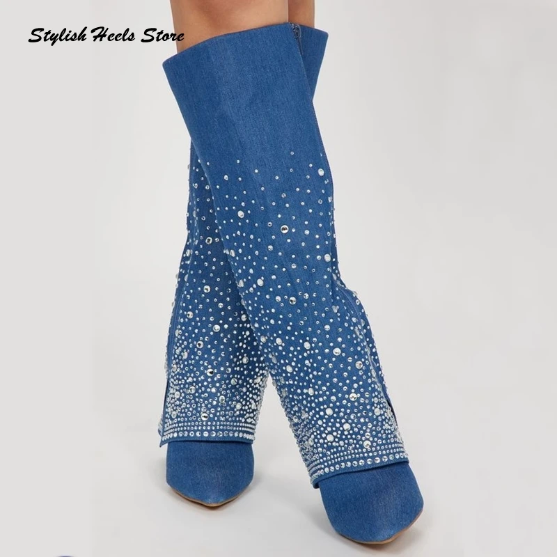 Женские сапоги до колена на массивном каблуке с острым носком