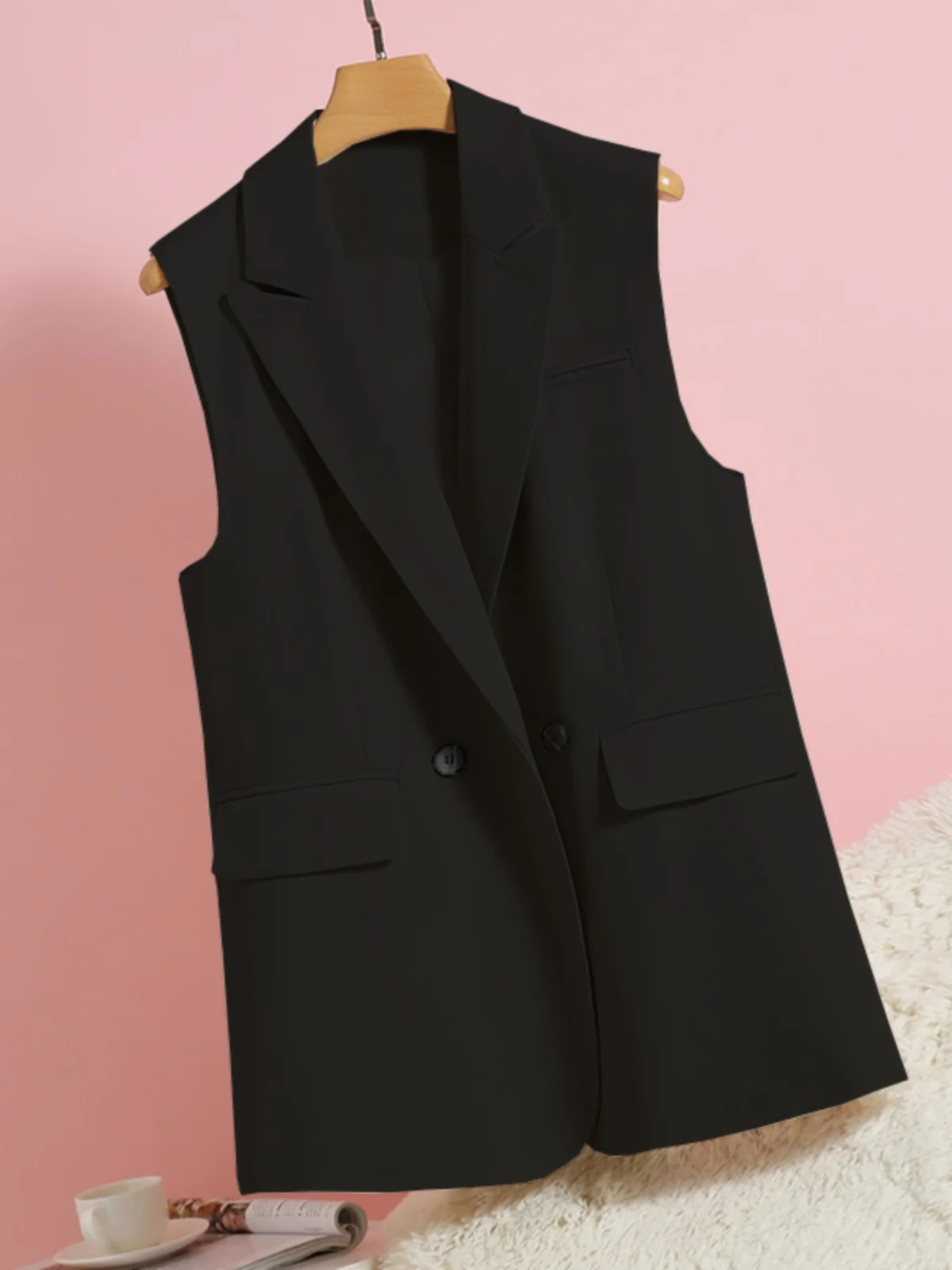 Женский однотонный двубортный жилет розовый жакет без рукавов с