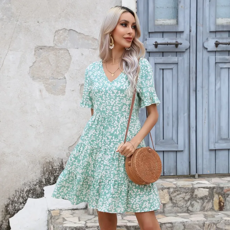 

Женское платье с цветочным принтом, V-образным вырезом и рукавом-бабочкой