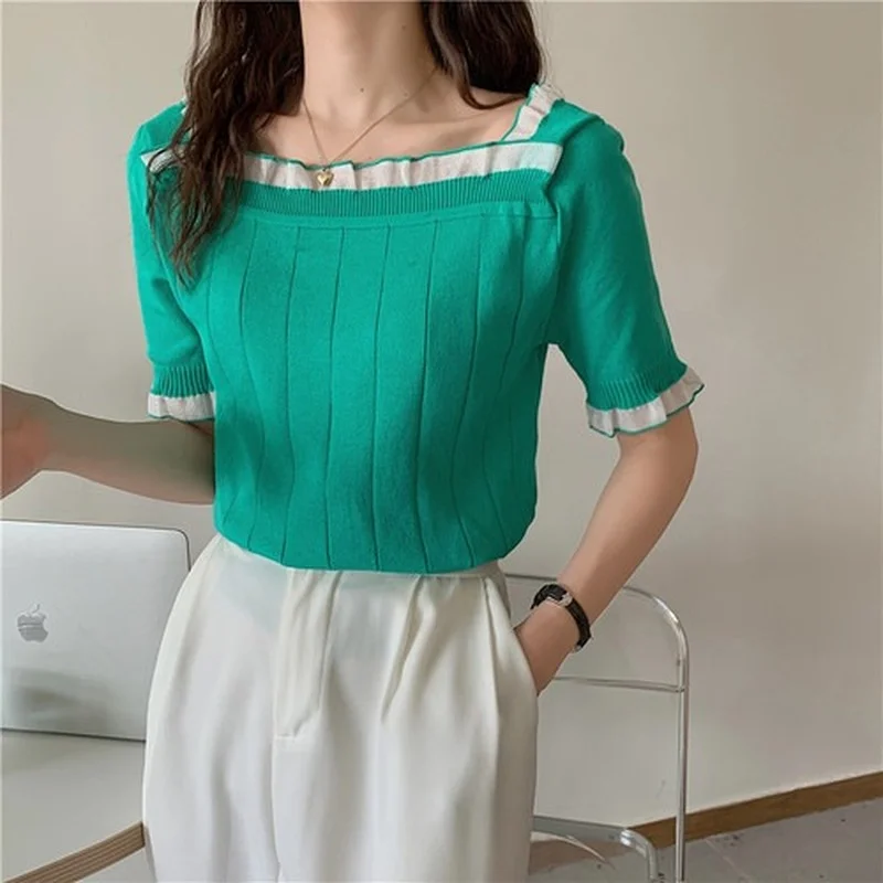 

New Design Sense Short Knitted Tops 2021 Female Chic Short-sleeve Lace Square Collar T-shirts Women Thin Solid Color Summer Tees