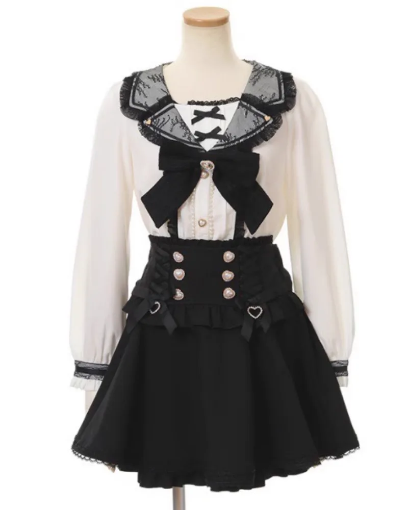 Японская кружевная рубашка с рюшами и рукавами милым бантом для девочек топы