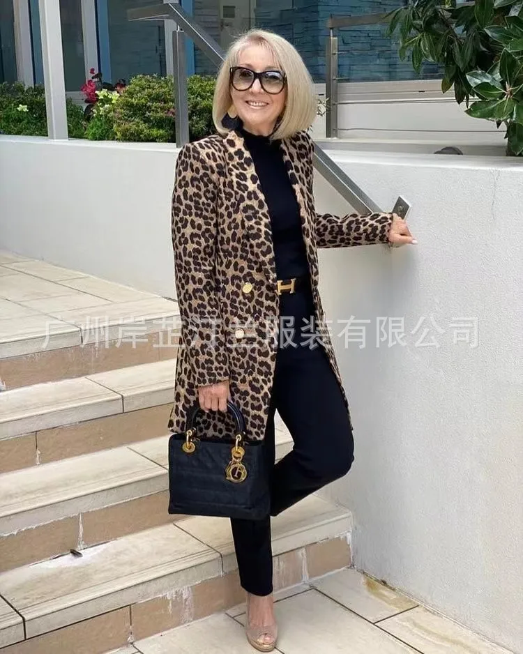 

Женское шерстяное пальто средней длины, пальто с леопардовым принтом и воротником-стойкой, новинка 2023