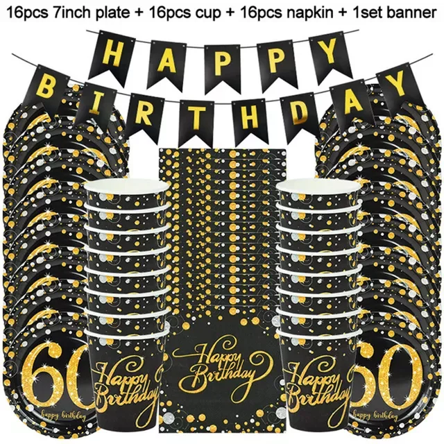 

Gold Black Birthday Party Tableware Set Happy Birthday Disposable Party Tableware Plates Cups Napkin Home Decoration