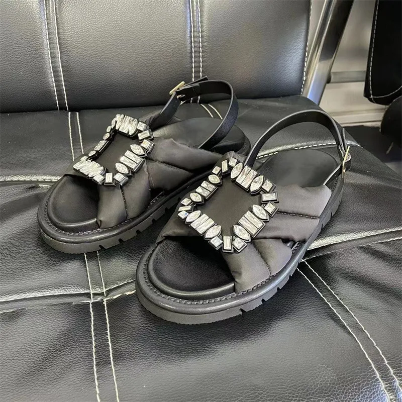 2023 Summer New Style Women Shoes Shiny Crystal Flat Fashion Casual Female Sandals Round Toe Breathable Peep Toe Lady Footwear