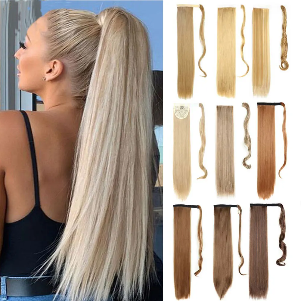 22inch Long Straight Synthetic Hair Extensions Wrap Ponytail Hair For Women Clip On Ponytail Hairpieces Brown Black Color
