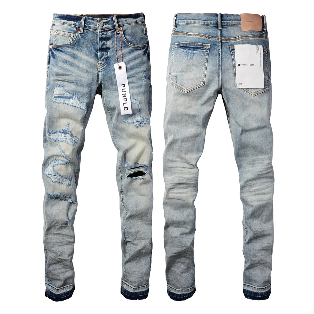 

Purple Brand Patch Men's High Street Slim Fit Streetwear Washed Destroyed Hole Blue Denim Jeans Long Pants