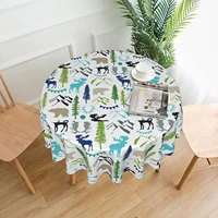 round table cloth forest elements with bear moose tree and mountain wildlife natural theme decor tablecloth water resistance