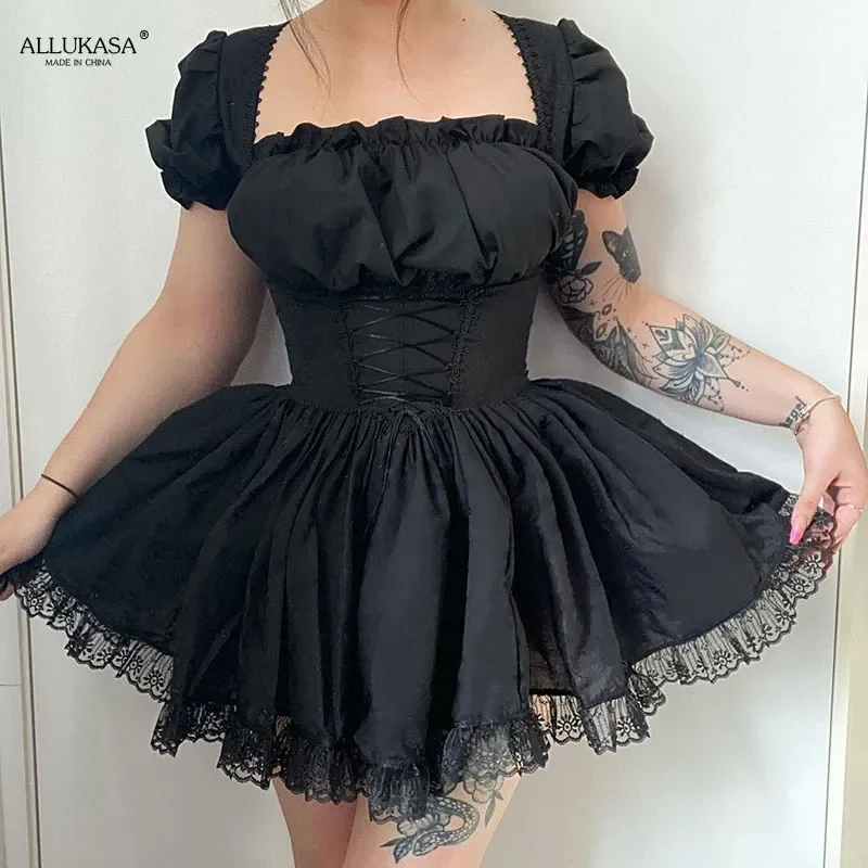 

Princess Black Gothic Sexy Bad Girl Kawaii High Waist Puff Sleeve Lace Ruffles White Party Robe Women Mini Dress