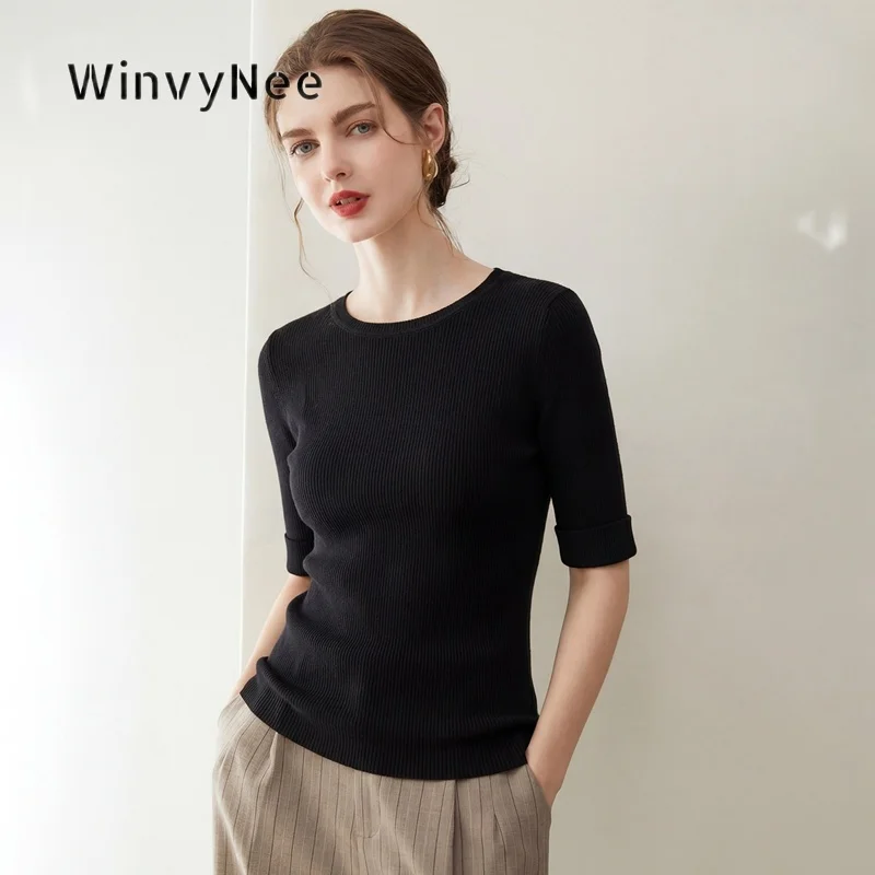 Фото Женская трикотажная футболка WinvyNee из тонкой чистой шерсти Yangzi, однотонная, с отворотами на рукавах, легкая, осенне-зимняя, ZA1827010 №1