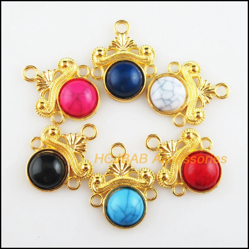 

Fashion 12Pcs Gold Plated Retro Flower Mixed Acrylic Round Charms Connectors 18x23mm
