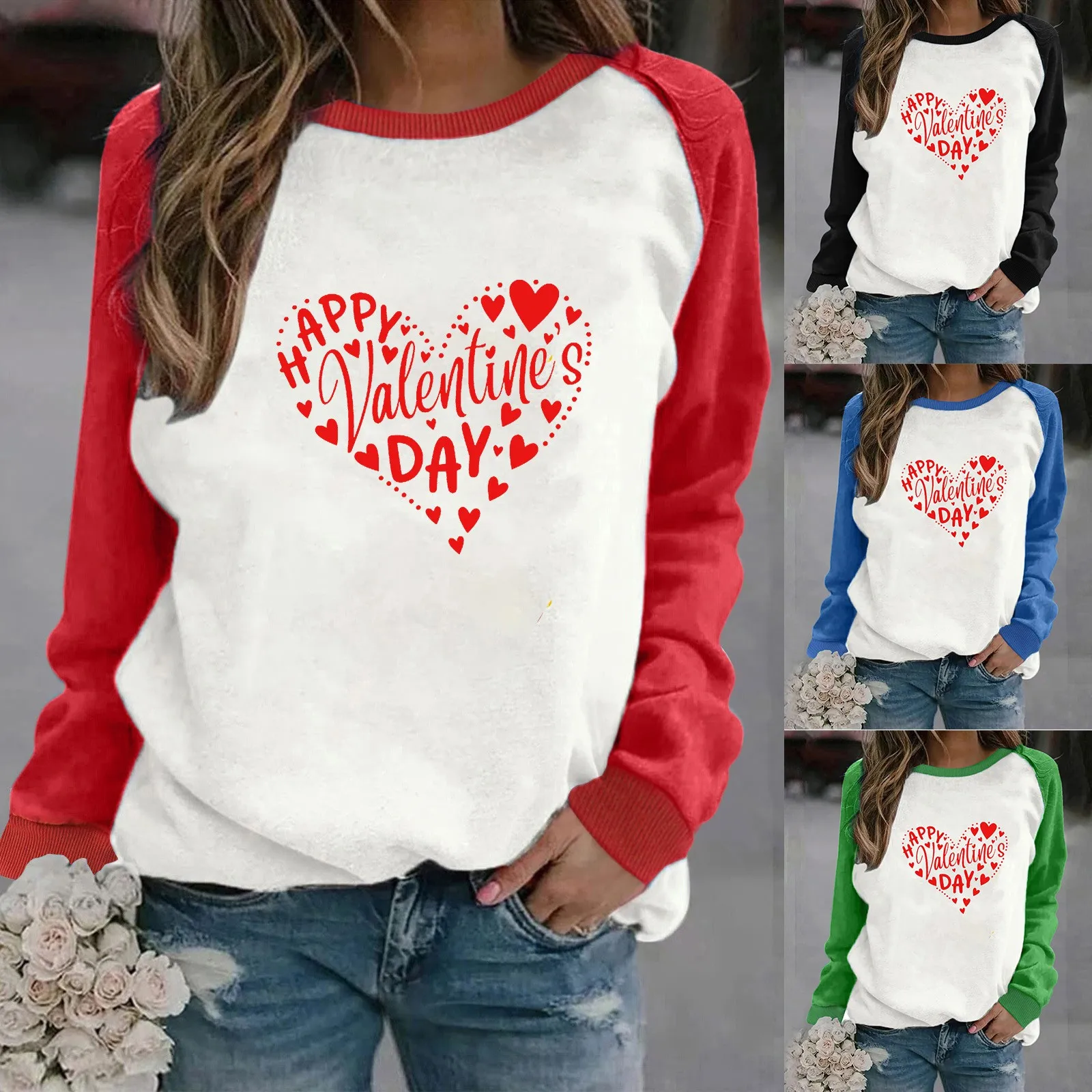 

Ladies Tops Valentines Day Womens Casual Long Sleeve Crew Neck Letter Printed Pullover Hoodless Work Out Hoodie Women