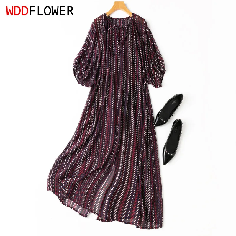 

Women 100% Mulberry Silk Thin Type Puff Sleeve Purple Striped Printed Long Dress Crew Neck Midi Dress MM307
