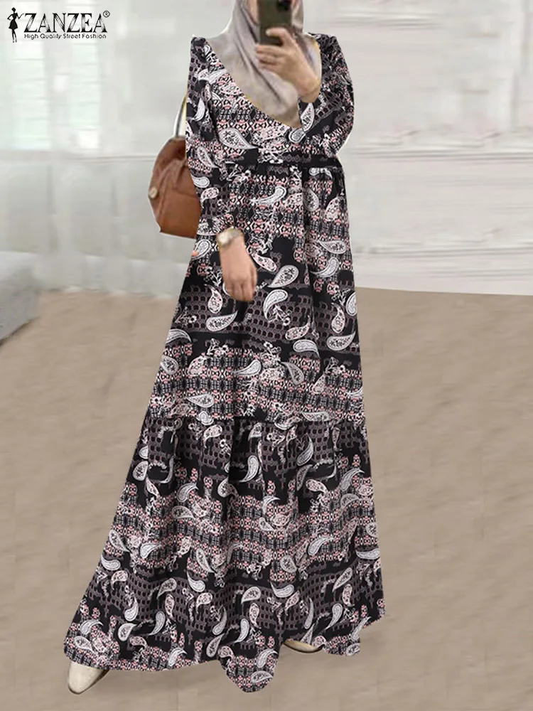 

Muslim Full Sleeve O-Neck Islamic Dubai Turkey Abaya Hijab Clothing ZANZEA Women Spring Dress Elegant Casual Loose Long Robe