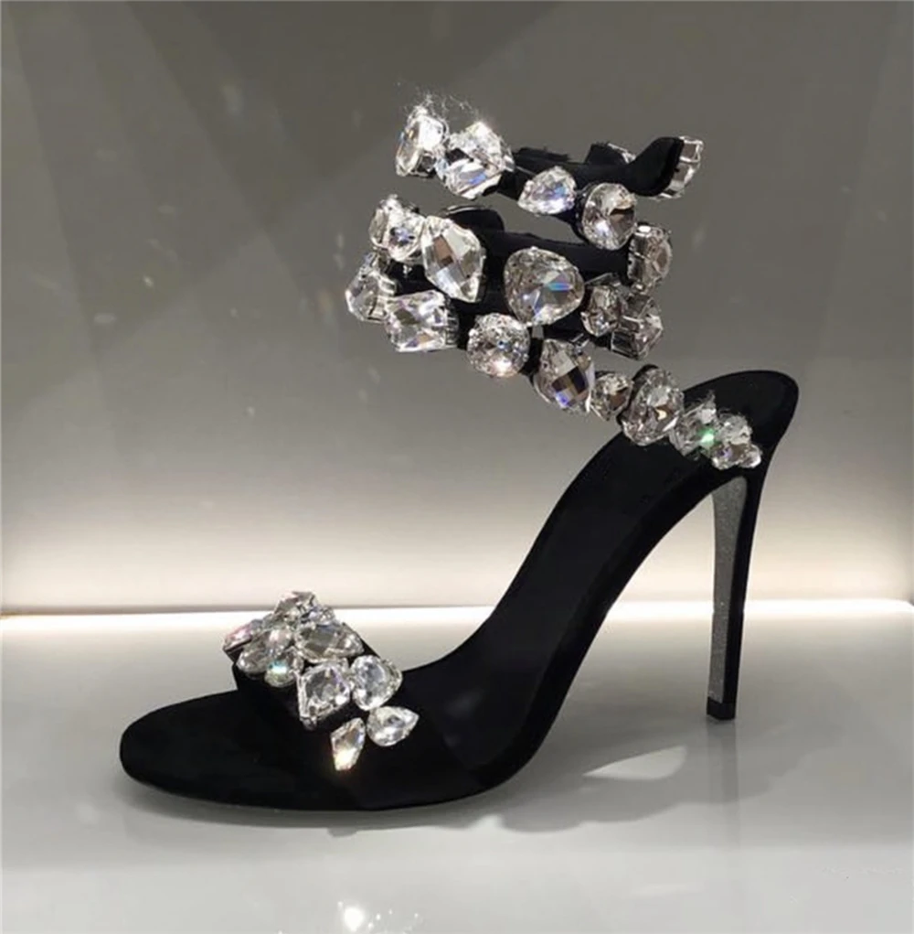 Summer Women's New Banquet Stiletto High-Heel Snake Shape Winding Band Colored Crystal Open Toe Round Head Lady Sexy Party Shoes