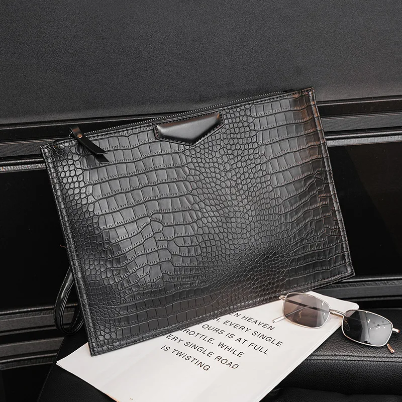 Free Custom Leather Men's Crocodile Pattern Handbag Crossbody Shoulder Envelope Bag Zipper Office Clutch Pouch Document Bag Gift