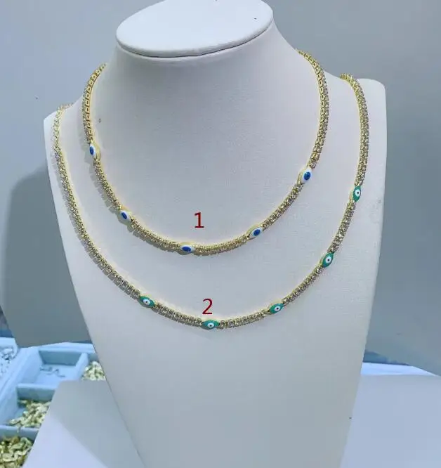 

New Gold Color Colorful Enamel Eye Charm CZ Tennis Chain 32+5CM Fashion Women Choker Necklace