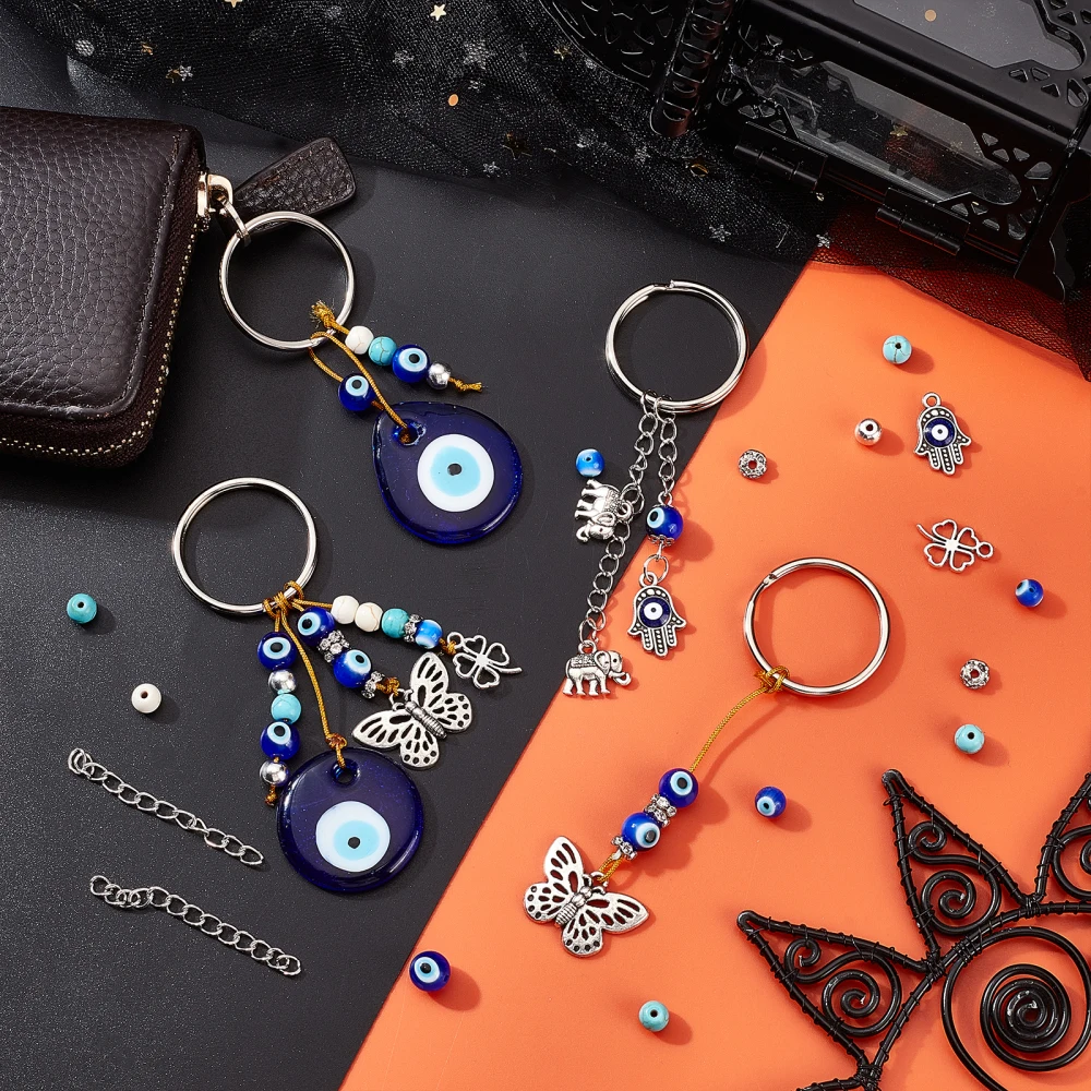 1Box DIY Evil Eye Keychain Making Kits Mixed Loose Spacer Beads Lampwork Pendants Iron Jewelry Accessories Nylon Thread Supplies
