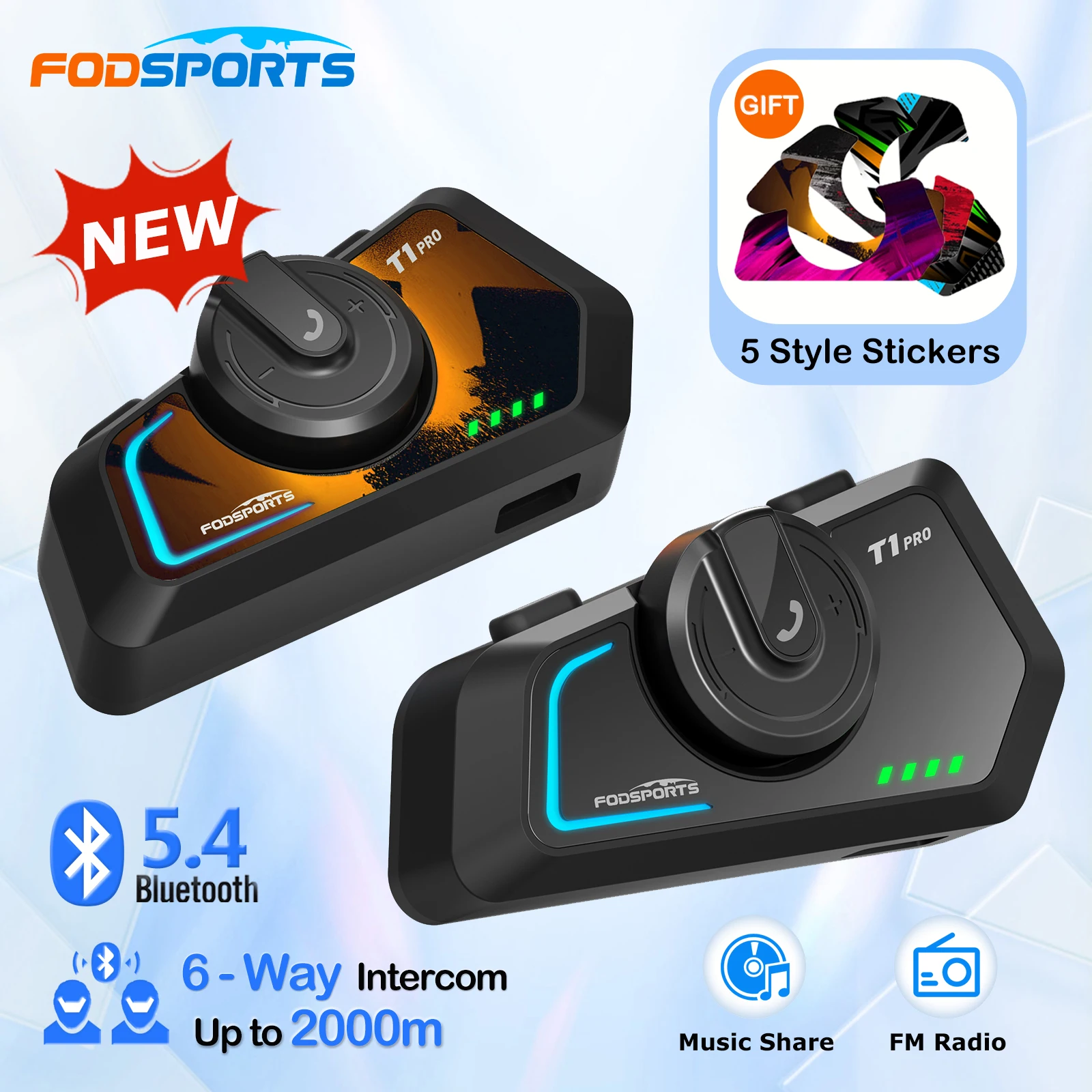 

2 шт. Fodsports T1 PRO мотоциклетный домофон 6 гонщиков Bluetooth-гарнитура для шлема, BT5.4, общий доступ к музыке, FM-радио, 5 наклеек