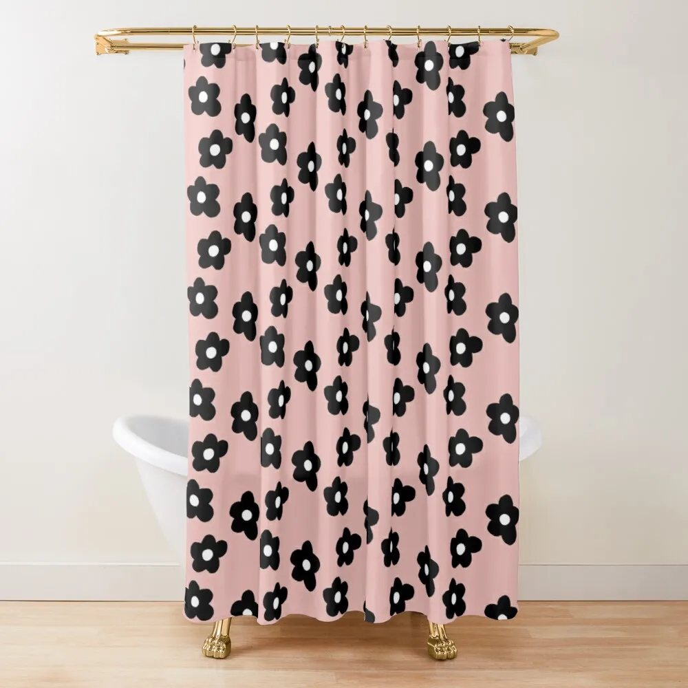 

Black And White Retro Flowers Pink Background Beaded Curtain Waterproof Outdoor Luxury Curtain Room Shower Curtains