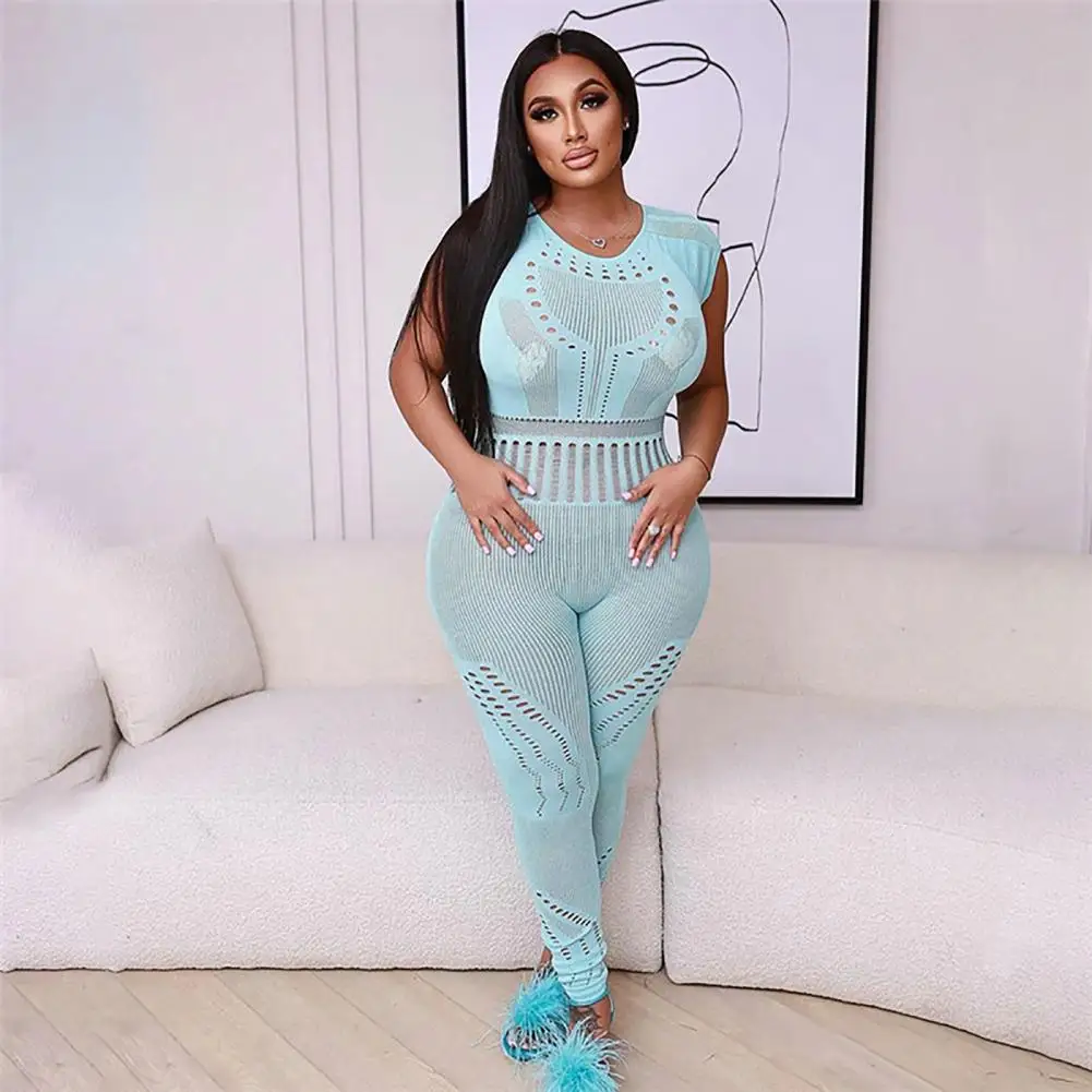 

Women Overalls Elastic Women Jumpsuit Women Hollow Out See-through Knitting Jumpsuit